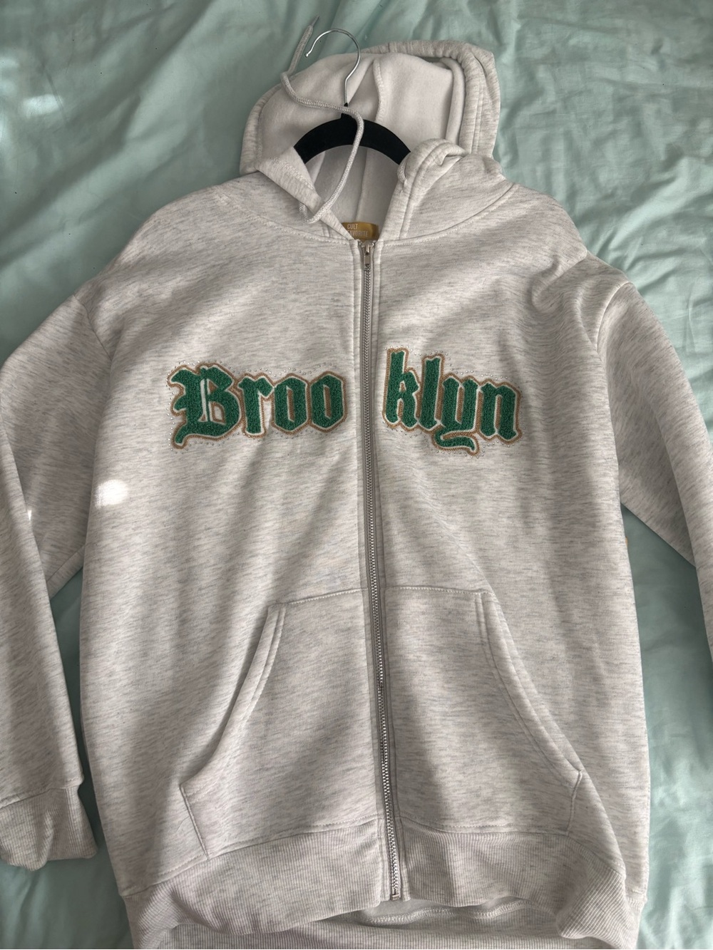 Women’s Gray Zip-Up Hoodie with Green 'Brooklyn' Patch